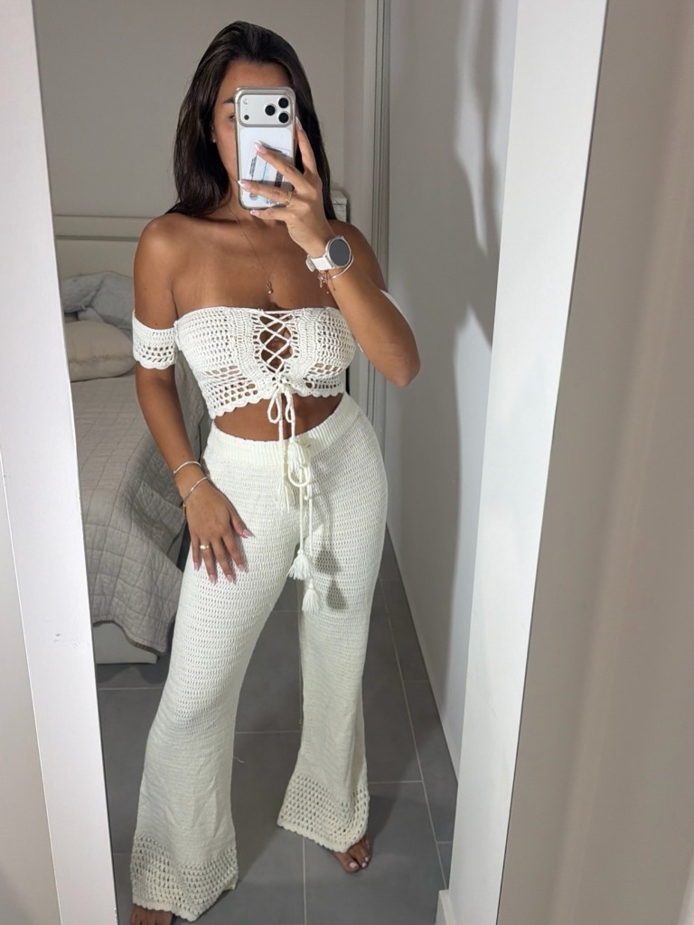Women’s white Cream Crochet Drawstring set pants and top - Lightweight